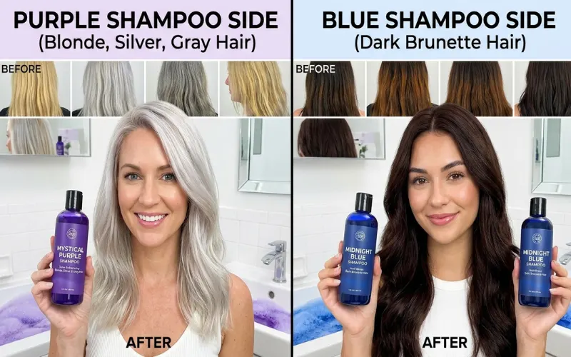 Split-screen collage showing blonde, silver, gray hair benefiting from purple shampoo and dark brunette hair with blue shampoo.