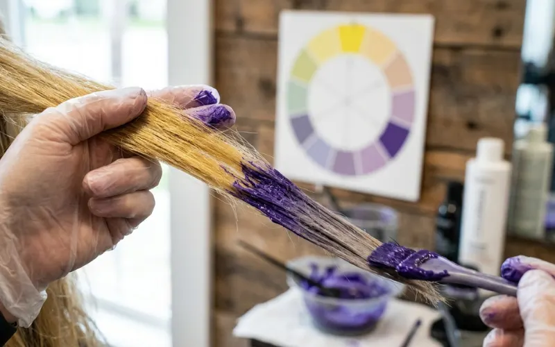Close-up of blonde hair strand with yellow tones being neutralized by purple pigment.