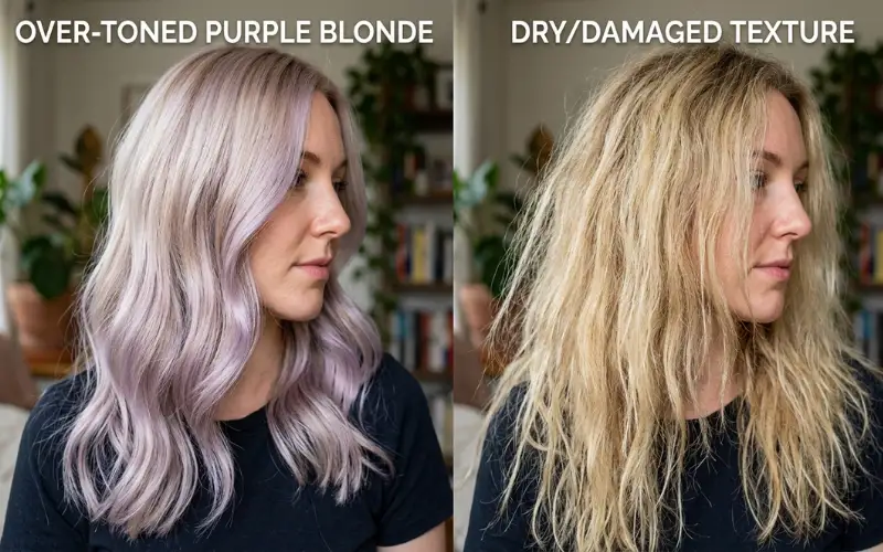 Over-toned slightly purple blonde hair beside dry hair texture comparison.