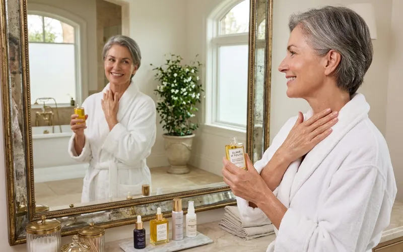 Mature woman applying body oil to arms and neck, radiant skin, anti-aging skincare.