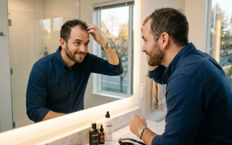 Confident man noticing slight hair thinning while looking in a mirror, modern grooming environment, hopeful and positive mood.