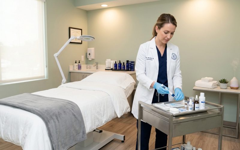 Medical spa treatment room, certified specialist preparing wellness procedure, clean professional clinic.