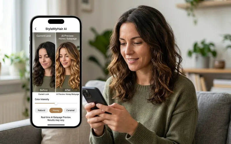 Woman with realistic balayage hair transformation using AI beauty app, natural brunette to honey balayage preview.