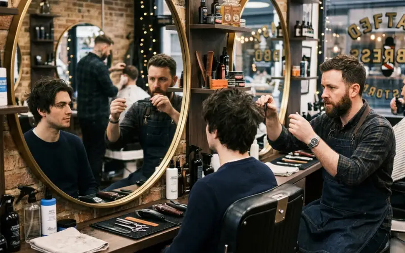Professional barber giving hairstyle advice to a male client in a modern barbershop, mirror reflection, realistic grooming consultation