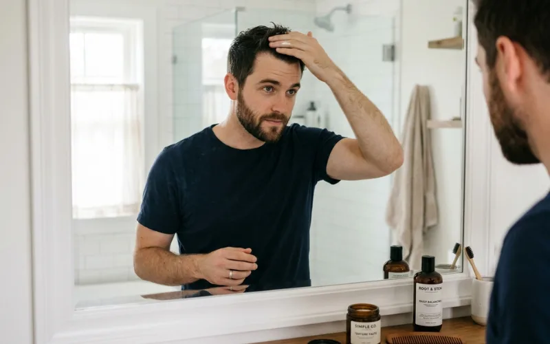 Man using simple hair care products in front of a bathroom mirror, clean grooming routine, natural lighting, realistic lifestyle photography.