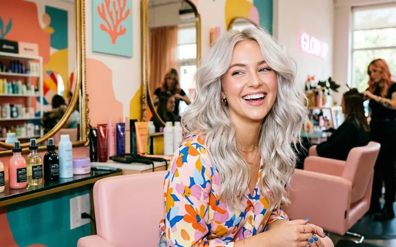 Young woman with vibrant cool blonde hair in modern colorful salon, playful beauty editorial style.