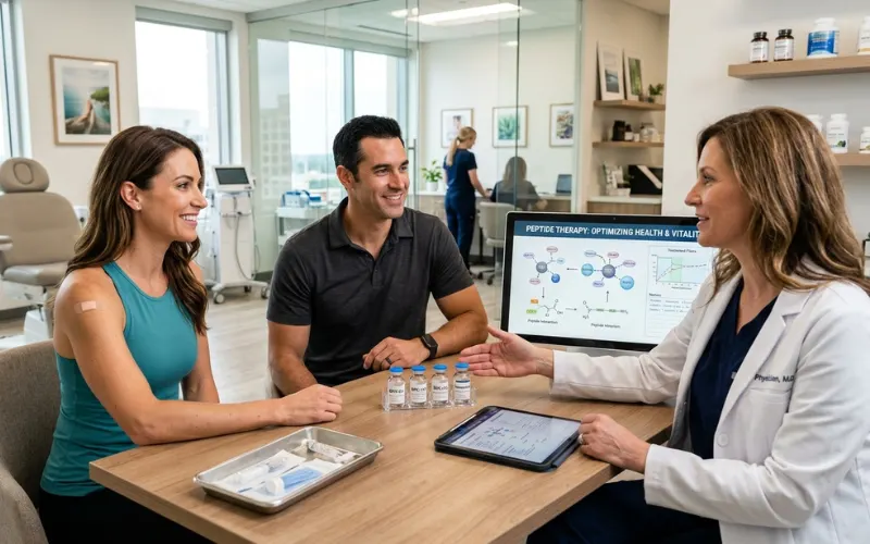 Modern healthcare scene showing peptide therapy concept with healthy man and woman.