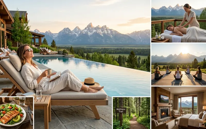 luxury wellness retreat collage in the USA, peaceful woman relaxing beside an infinity pool overlooking mountains.