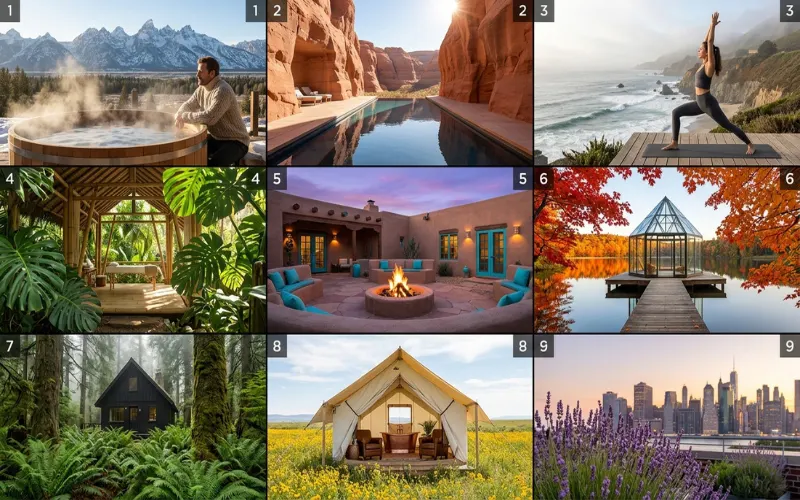 Beautiful collage featuring nine different American wellness retreat styles including mountains.