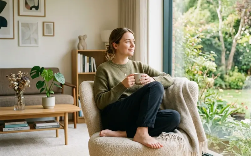 Woman relaxing with a cup of tea by a large window at home.
