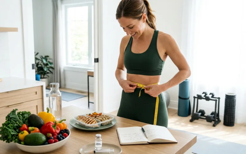 Healthy woman measuring waist with nutritious food and fitness equipment, peptide weight loss concept.