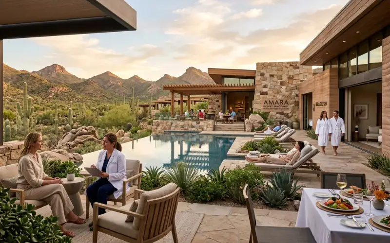 Premium wellness retreat in the Arizona desert offering medical wellness consultations, luxury spa, healthy meals.