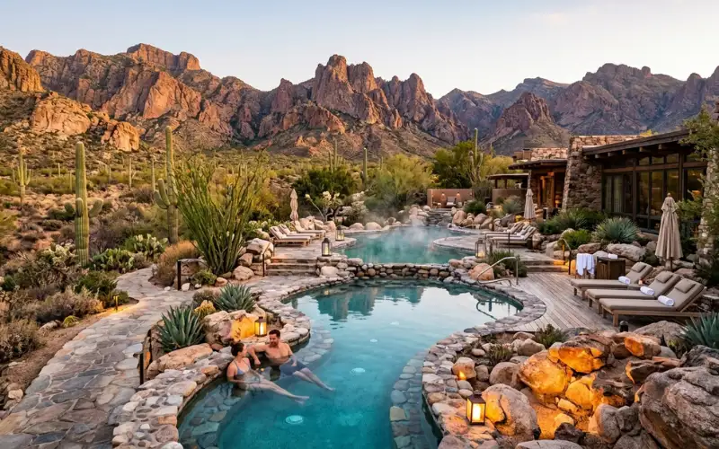 Luxury natural hot springs in the Arizona desert surrounded by dramatic mountains, crystal-clear mineral pools.