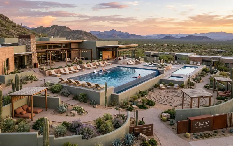 Affordable luxury wellness resort in the Arizona desert featuring, infinity pools, meditation gardens.