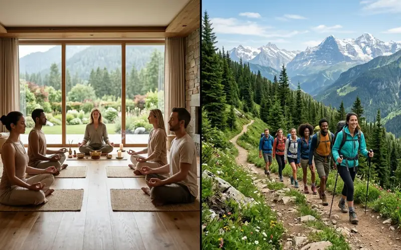 People practicing yoga and hiking at a mountain wellness retreat.