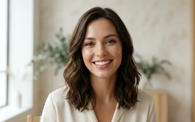 Beautiful woman smiling confidently, bright white teeth, glowing skin, modern beauty theme, soft natural light.