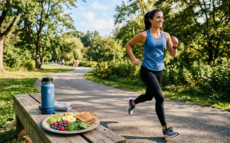 Healthy lifestyle scene with a woman exercising, nutritious food, water bottle.