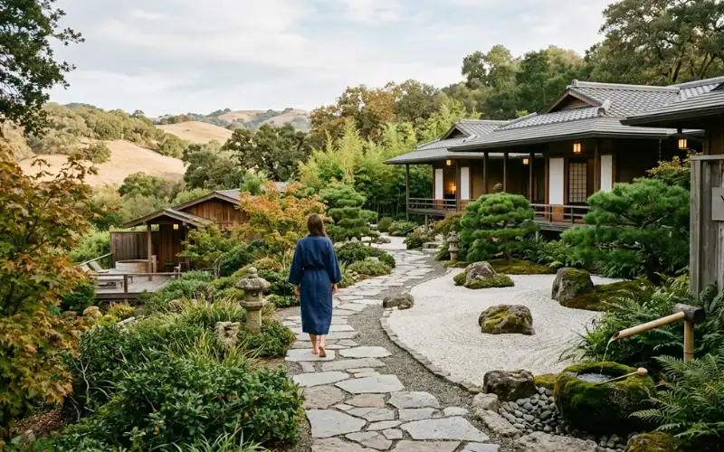 Exclusive Japanese-inspired luxury wellness retreat in California, peaceful zen gardens, private walking paths.