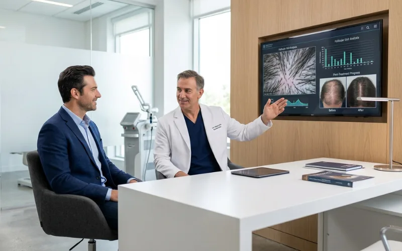 Modern hair restoration clinic, confident man with fuller hair, specialist consultation, advanced technology.
