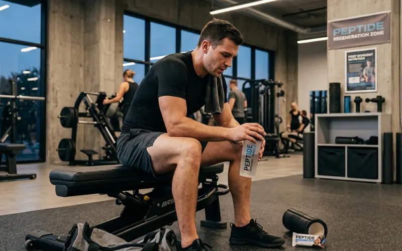 Athlete recovering after workout, peptide recovery concept, modern gym.