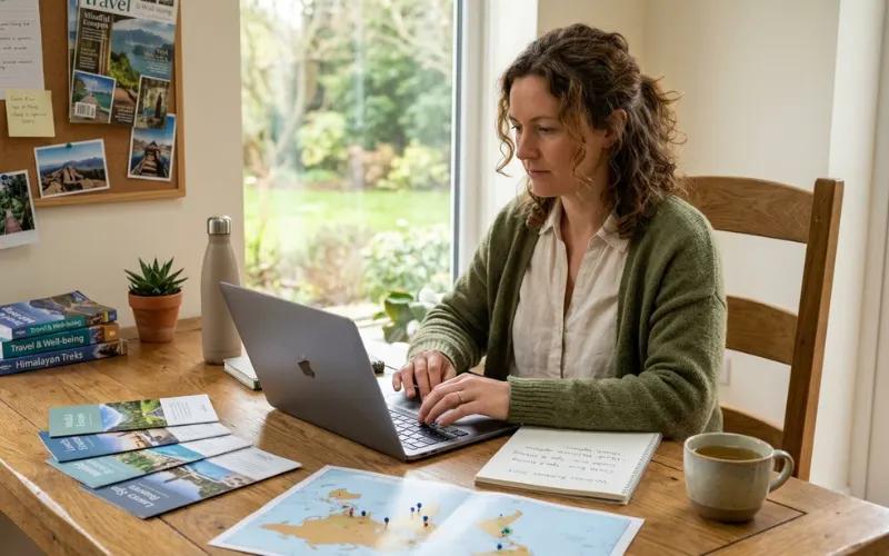 Travel researcher planning wellness vacations on a wooden desk with laptop.