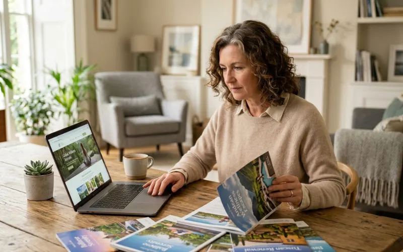 Traveler comparing different wellness retreat options using a laptop and travel brochures.