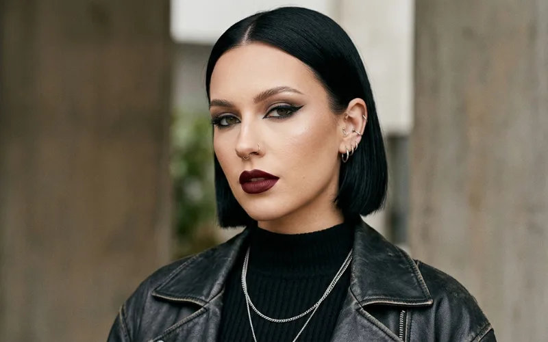 Woman with makeup and piercings, sleek hairstyle, fashion beauty portrait.