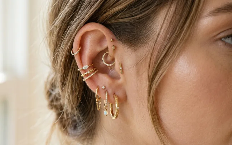 Curated ear with gold hoops, studs, layered piercing jewelry.
