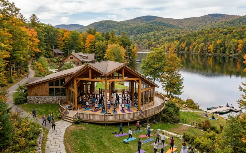 Large peaceful yoga retreat surrounded by forests and lakes in Massachusetts, meditation hall, group yoga practice.
