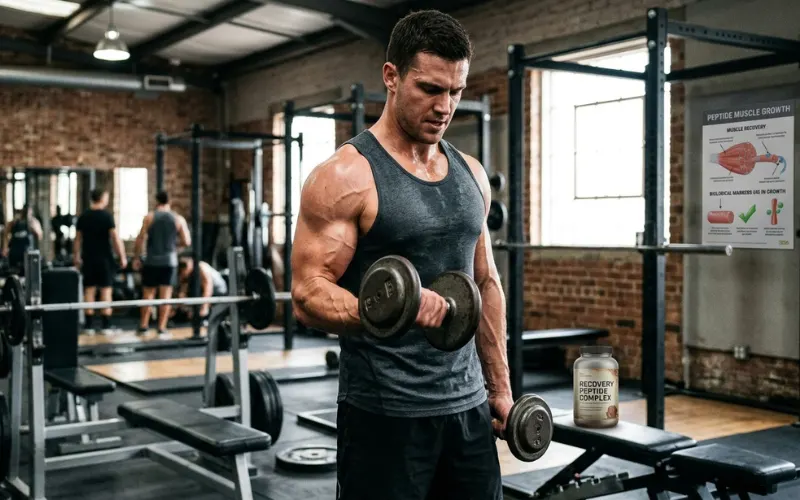Fit man lifting weights with visible muscle definition, strength training, peptide muscle growth concept.