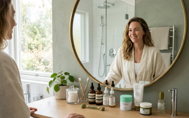 Woman looking confidently into a mirror with natural skin, skincare products on vanity.