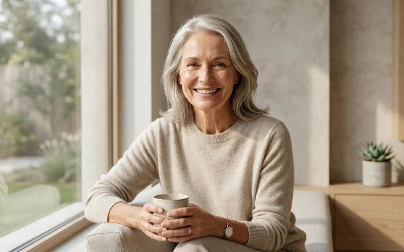 Confident mature woman smiling naturally in soft sunlight, elegant skincare.