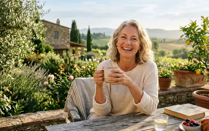 Happy mature woman enjoying fresh morning light, healthy glowing skin.