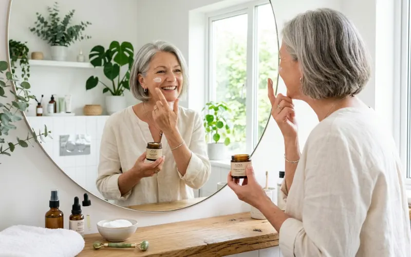 Confident mature woman applying organic skincare while smiling naturally.