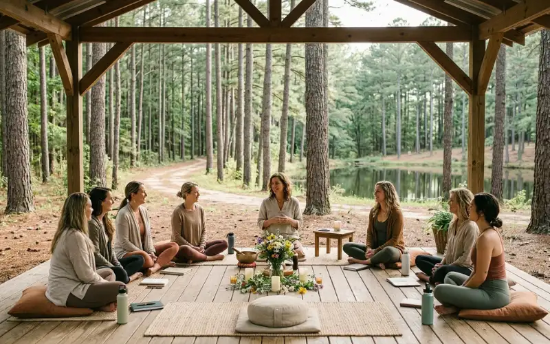 Women's wellness retreat in a peaceful Texas pine forest, small group cozy cabins, campfire gathering.