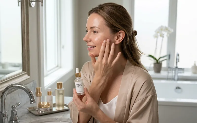 Woman with glowing youthful skin applying peptide serum, luxury skincare.