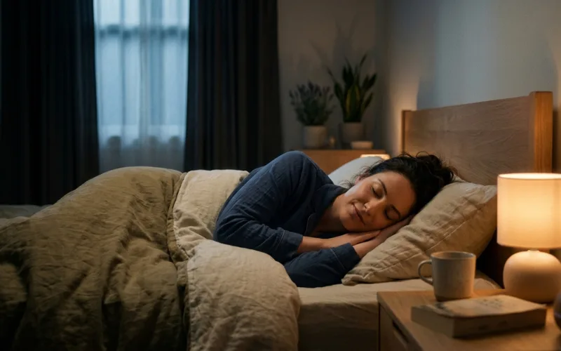 Peaceful woman sleeping comfortably at night, calm bedroom, wellness, deep sleep concept.