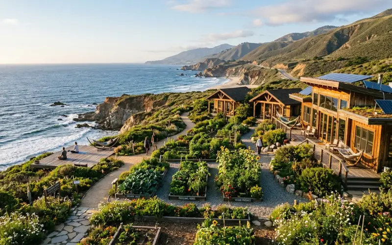 Eco-friendly wellness retreat overlooking the California coastline, vegan organic gardens, peaceful ocean views.