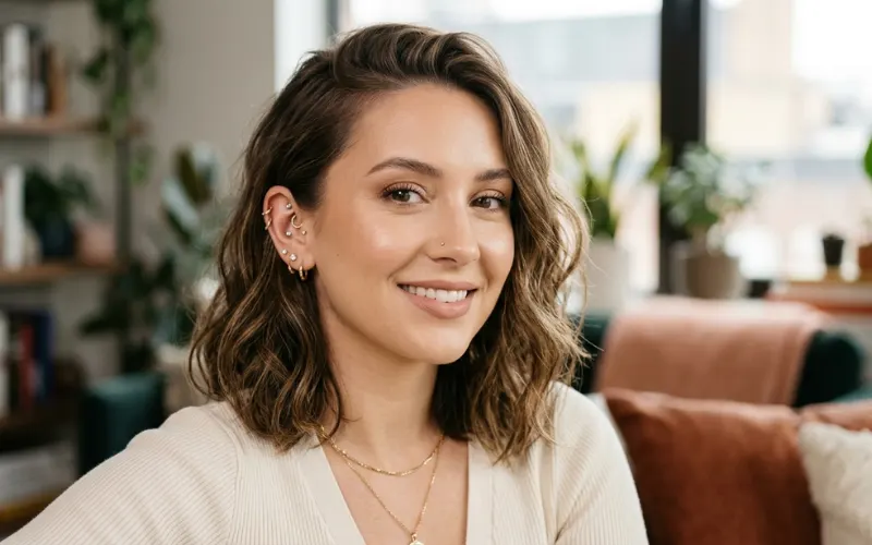 Stylish woman with curated ear piercings, nose stud, flawless makeup, modern beauty portrait, soft lighting.