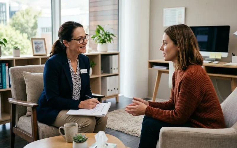 A friendly doctor listening carefully to a patient during a mental health consultation in a modern medical office.