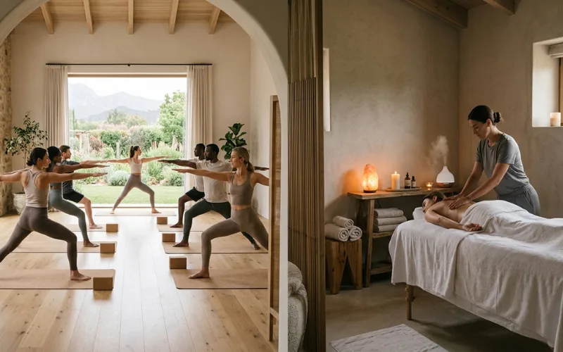 Healthy wellness lifestyle scene showing yoga class, massage therapy room.