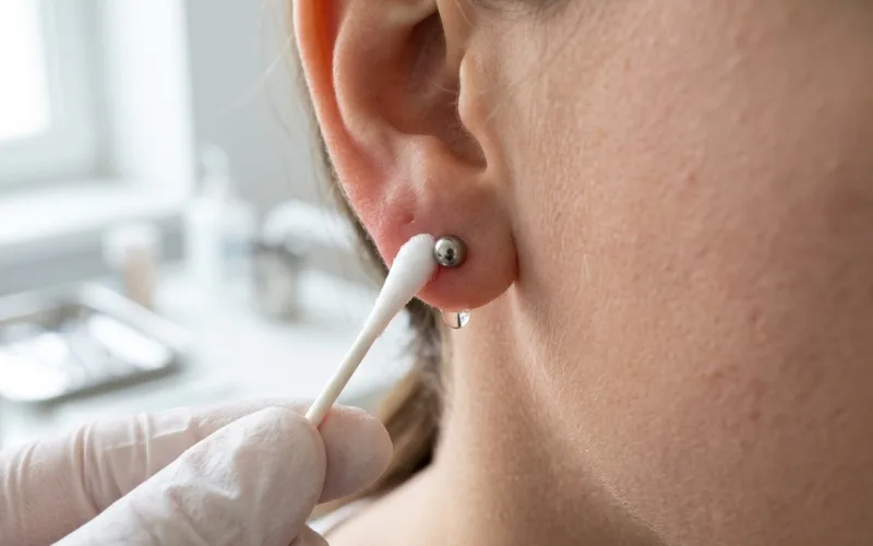 Cleaning fresh piercing with saline solution, close-up, hygienic setup.