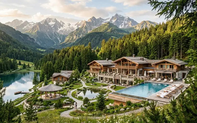 A luxury wellness retreat resort surrounded by mountains and forests.