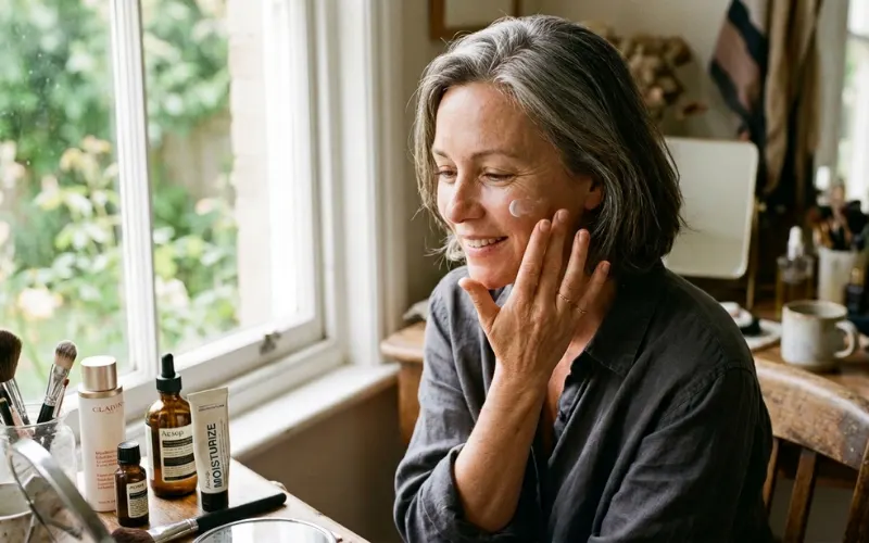 Woman with gray hair smiling while applying moisturizer near a sunlit window