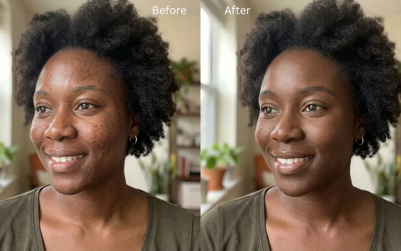 Before-and-after split photo of a woman with deep skin tone showing bare skin versus sheer foundation coverage.