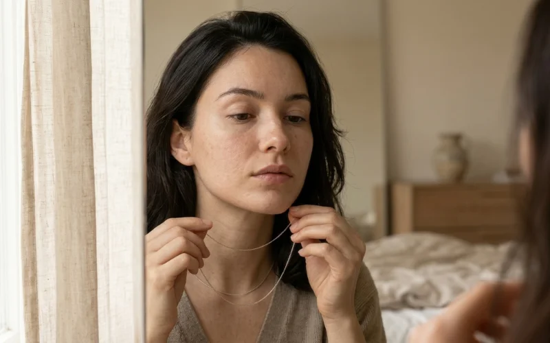 A woman adjusts a necklace in a mirror.