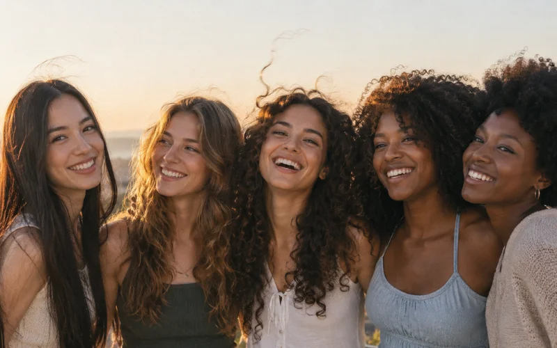 Five women with different hair textures smiling outdoors in golden-hour light.