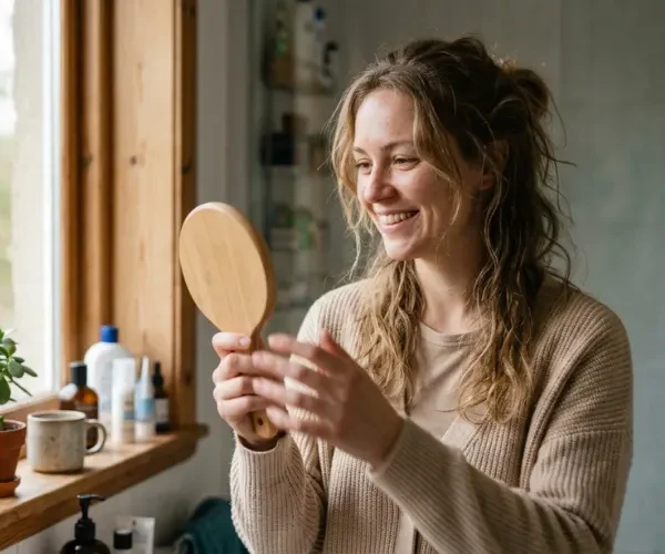 Woman smiling while checking her hair in a mirror near a sunlit window.