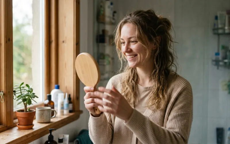 Woman smiling while checking her hair in a mirror near a sunlit window.
