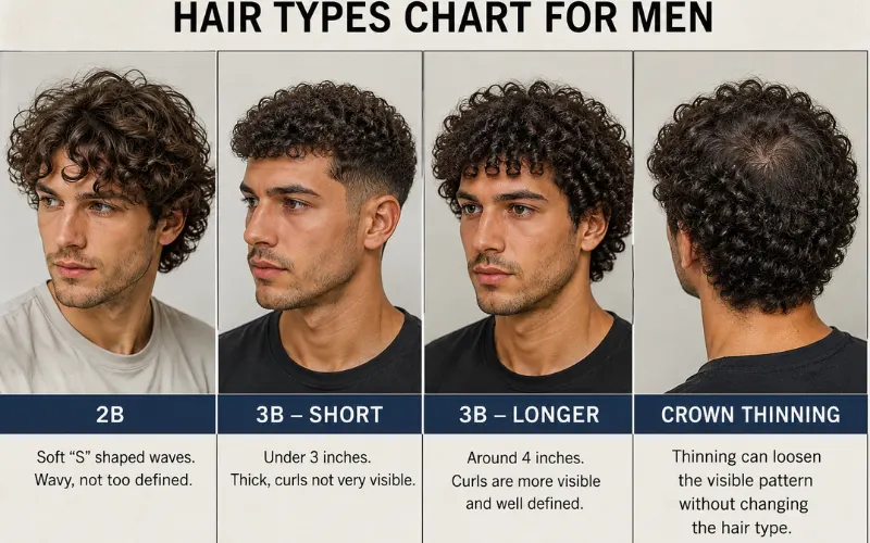 Hair types chart for men showing four male hair examples, including 2B, 3B short, 3B longer, and crown thinning.
